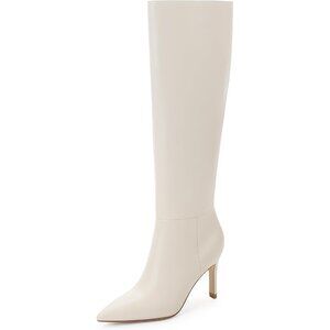 Women Beige Faux Leather Pointed Toe Tall  Stiletto High Heel Zipper Dress Boots